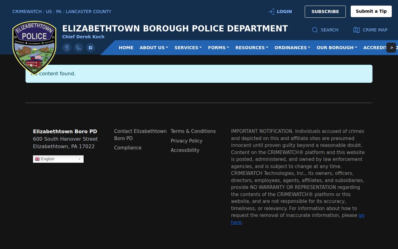 Lancaster County Elizabethtown Borough Police official arrest-feed record reference