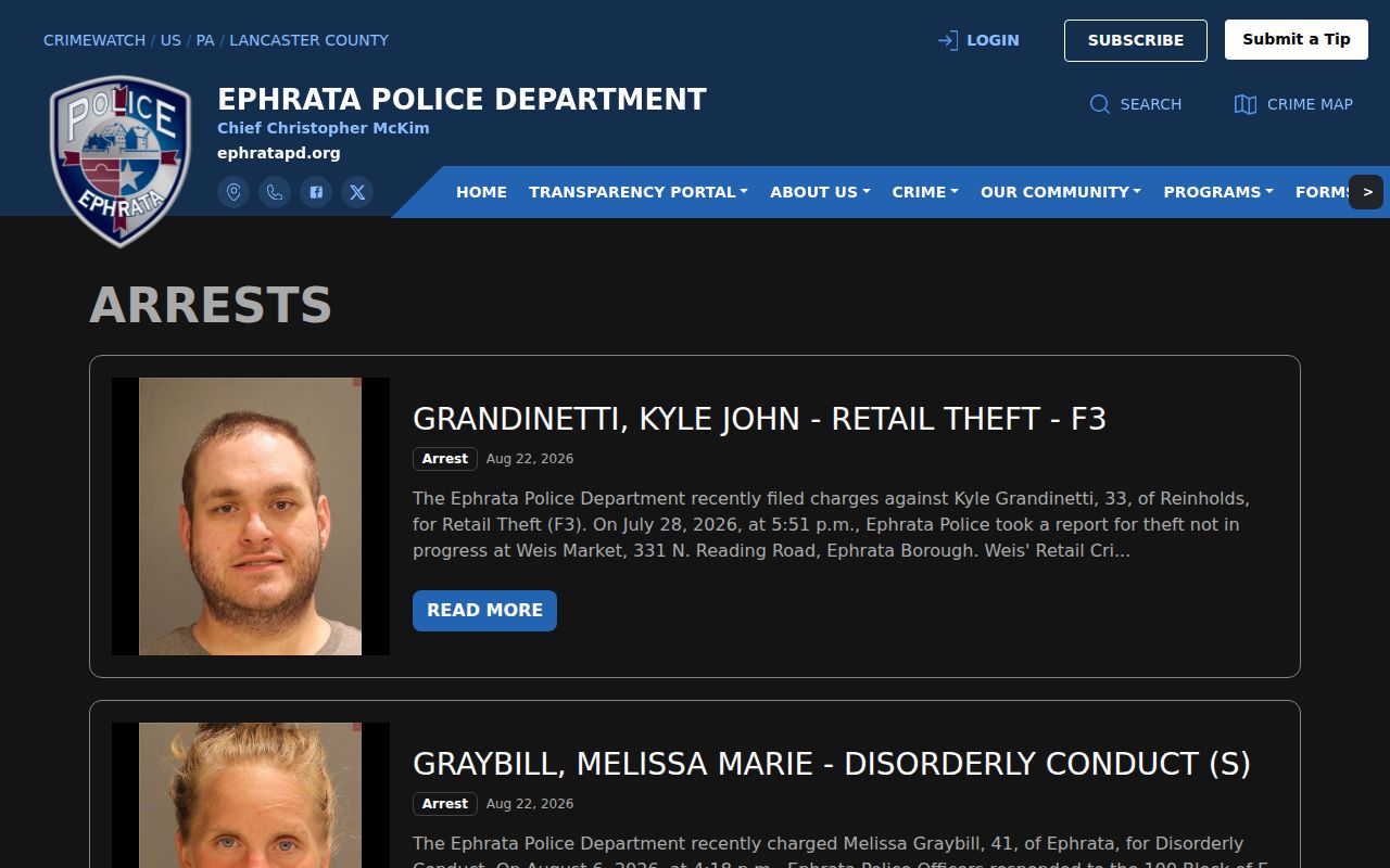 Lancaster County Ephrata Police Department official arrest-feed record reference