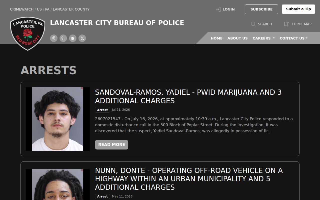 Lancaster County Lancaster City Bureau of Police official arrest-feed record reference