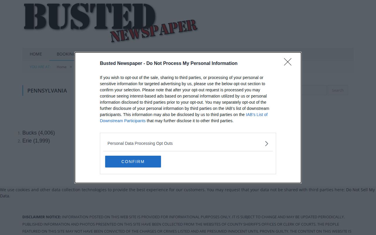 Pennsylvania index with no verified Lancaster County arrest-record section