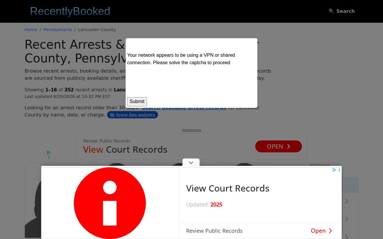Lancaster County unofficial recent-arrest record source page