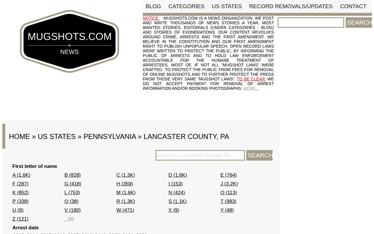 Lancaster County historical arrest-record source page