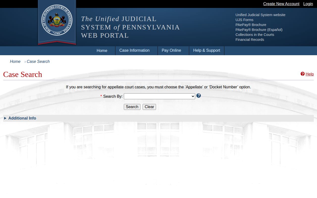 Pennsylvania UJS court case search for Lancaster County arrest disposition