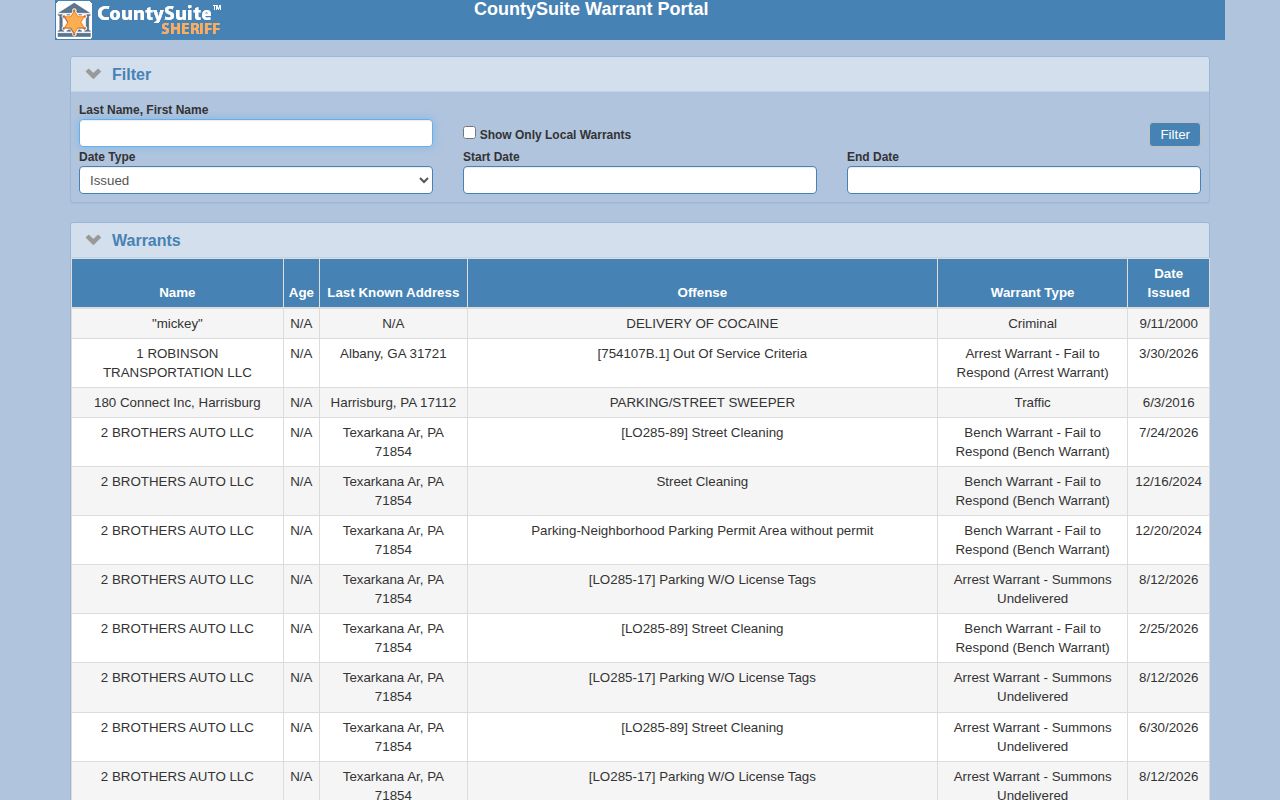 Lancaster County Sheriff public warrant record portal search interface