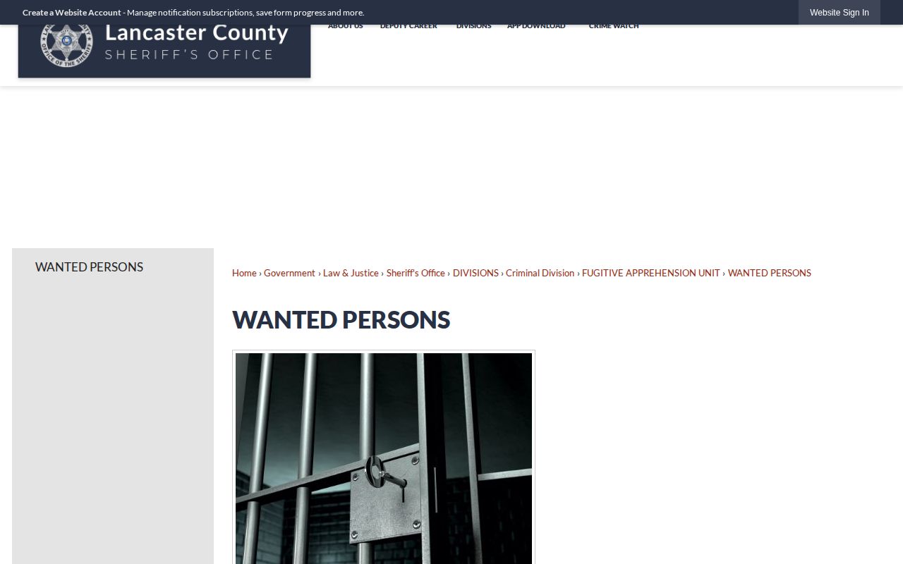 Lancaster County Sheriff wanted-person warrant record landing page